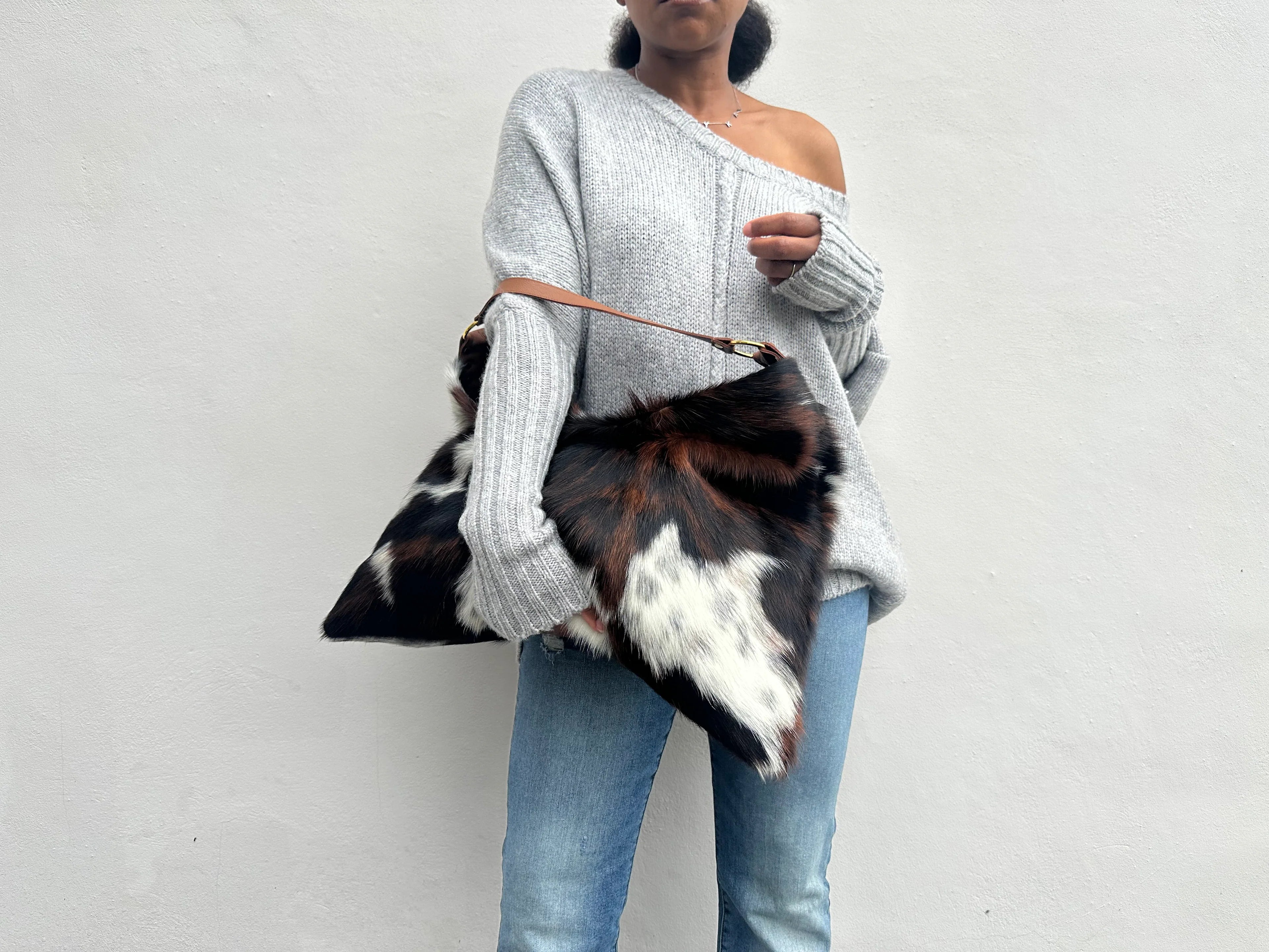 Tri-Color Delta Shoulder Bag - Cow Print